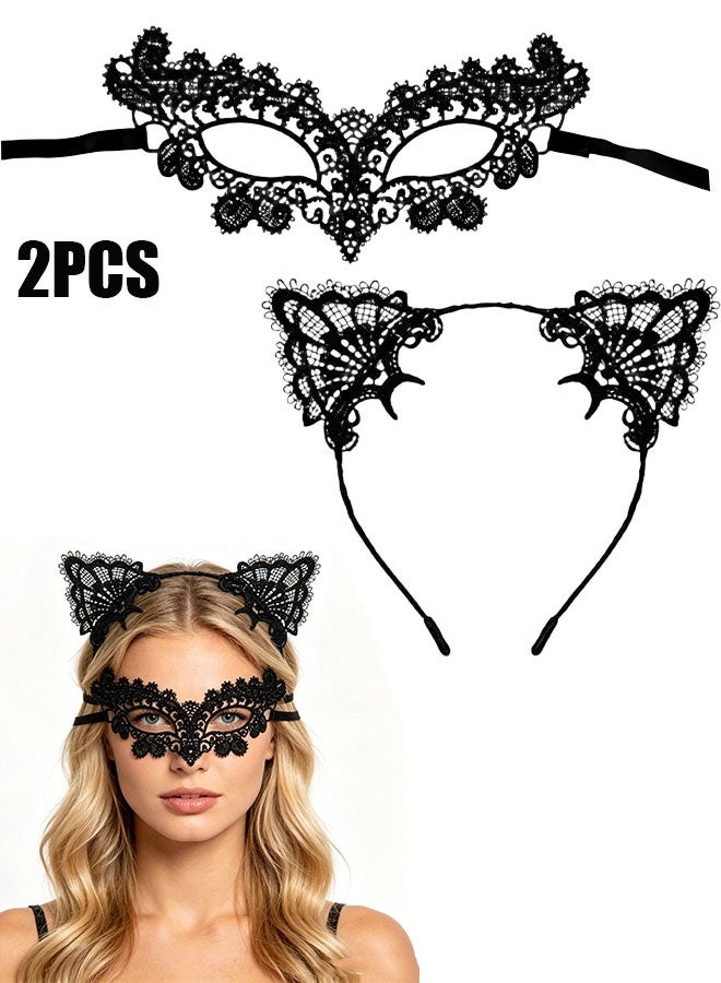 Happy D Cat Mask And Cat Ears Headband For Women Masquerade Masks Costume Catwoman Accessories Make Up Party Favors2PCS - Image 1