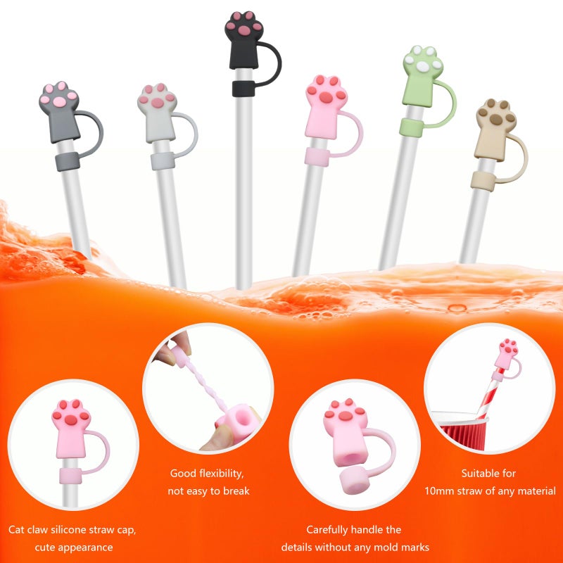 LIQALU 6 PCS Cat Straw Cover Protector Reusable Drinking Accessories Silicone Cat Paws Straw Topper Compatible with 10 mm Straws - Image 2