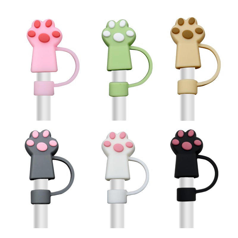 LIQALU 6 PCS Cat Straw Cover Protector Reusable Drinking Accessories Silicone Cat Paws Straw Topper Compatible with 10 mm Straws - Image 1