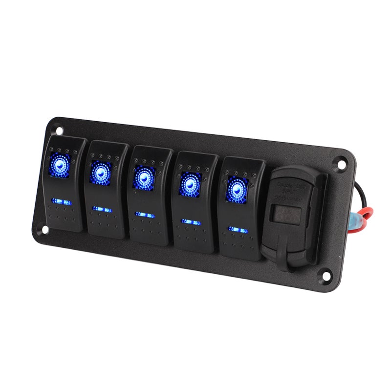 5 Gang Rocker Switch Panel 12V‑24V Dual USB Charger LED Voltage Display ON Off Switch for Truck RV Yacht - Image 3