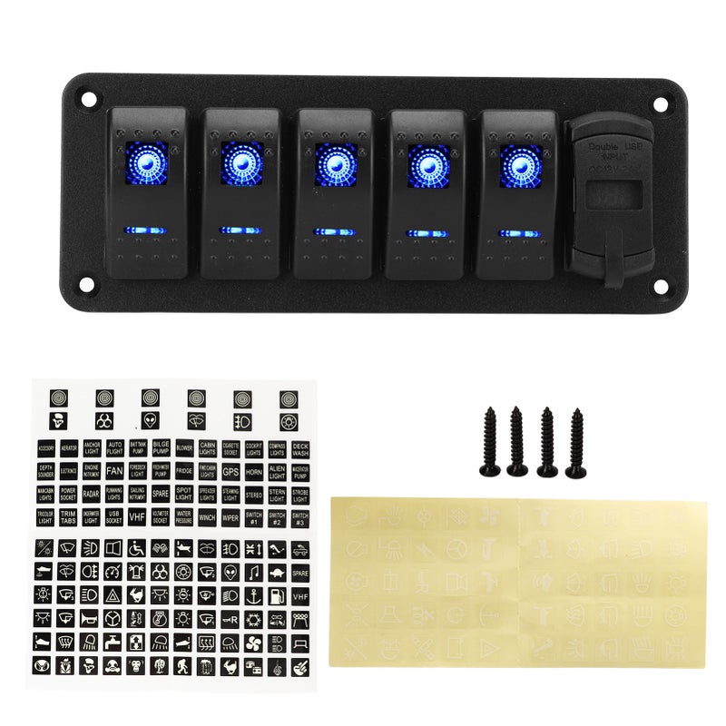 5 Gang Rocker Switch Panel 12V‑24V Dual USB Charger LED Voltage Display ON Off Switch for Truck RV Yacht - Image 1