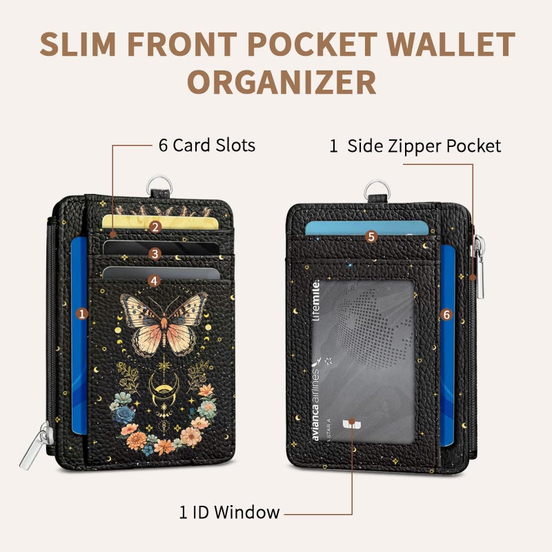 Vorruil Butterfly Credit Card Holder Slim Wallet, Flower PU Leather Front Pocket Small Wallet Card Holder, RFID Blocking Women Wallets with Hand Strap, Thin Cards Case ID Window, Travel Credit Cards Organizer - Image 4