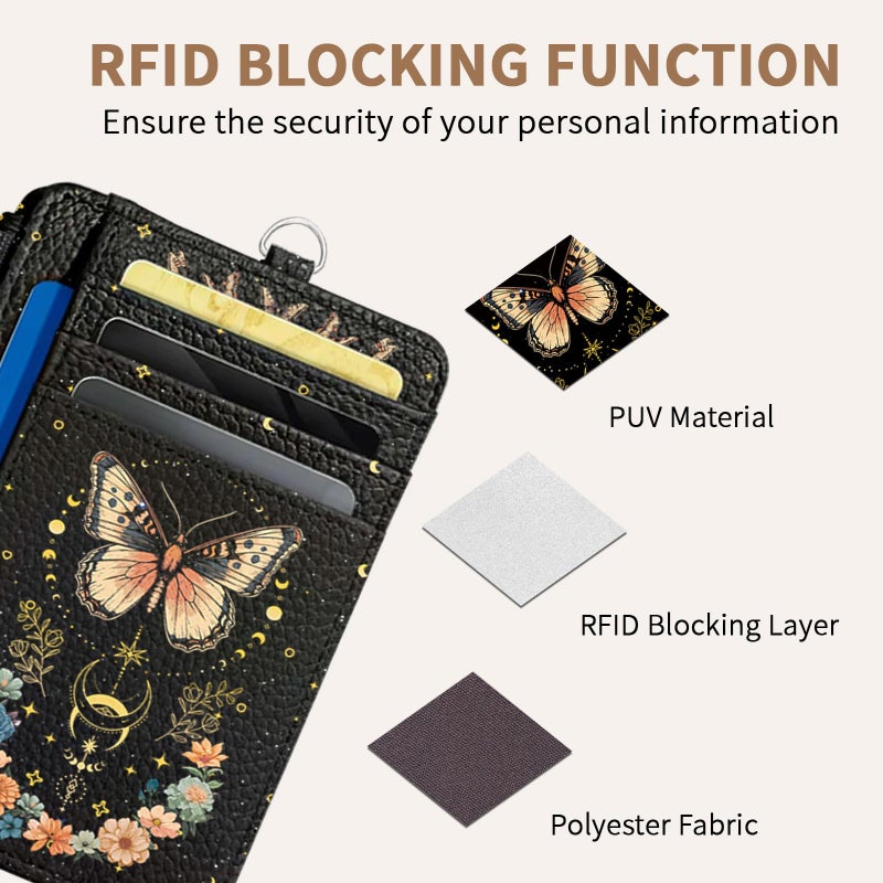 Vorruil Butterfly Credit Card Holder Slim Wallet, Flower PU Leather Front Pocket Small Wallet Card Holder, RFID Blocking Women Wallets with Hand Strap, Thin Cards Case ID Window, Travel Credit Cards Organizer - Image 3