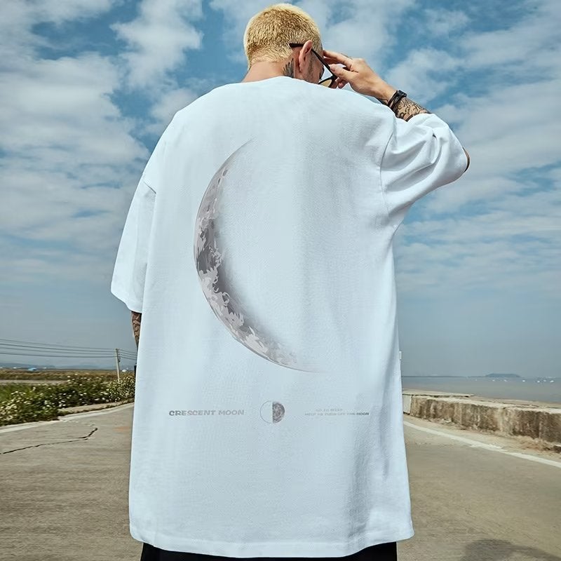 Moon Plus Size Printed Cotton Short-Sleeved T-Shirt Boys Summer Hong Kong Style Loose T-Shirt Round Neck Half-Sleeved Base Shirt Trendy - Image 3