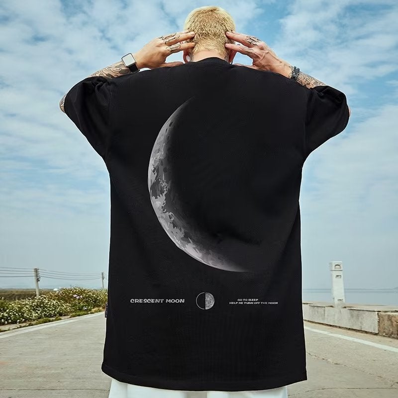 Moon Plus Size Printed Cotton Short-Sleeved T-Shirt Boys Summer Hong Kong Style Loose T-Shirt Round Neck Half-Sleeved Base Shirt Trendy - Image 2