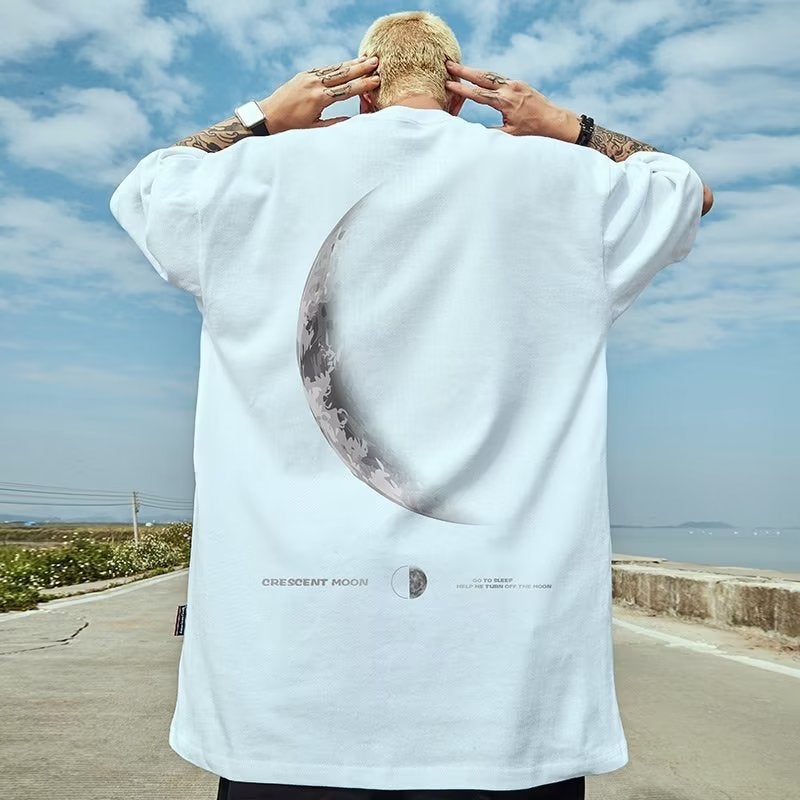 Moon Plus Size Printed Cotton Short-Sleeved T-Shirt Boys Summer Hong Kong Style Loose T-Shirt Round Neck Half-Sleeved Base Shirt Trendy - Image 1