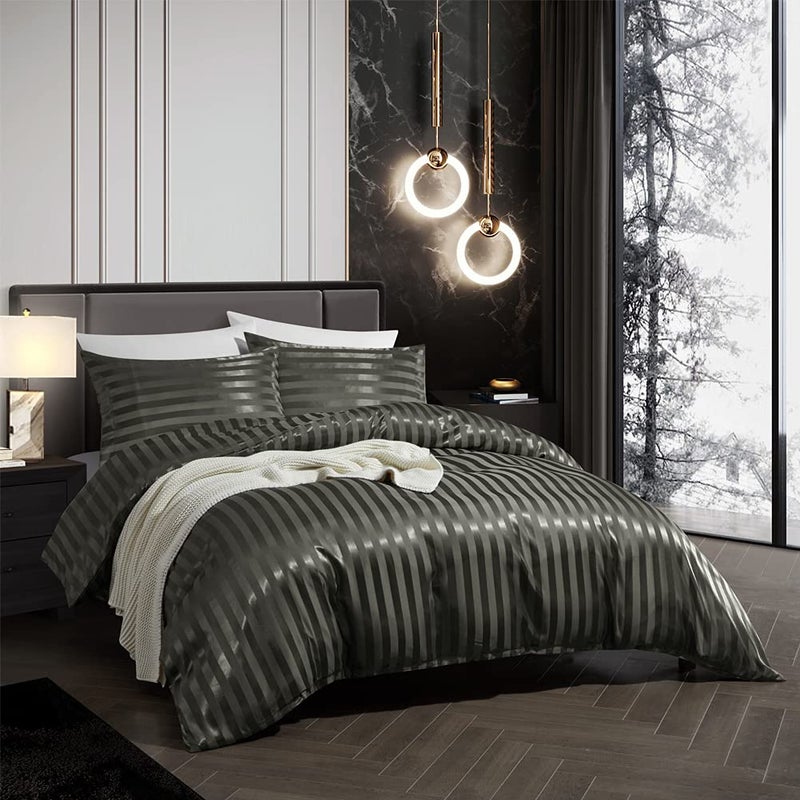 RevenRella 3 Piece Satin Duvet Cover Set Bedding Sets Italian Style 1800 Series Luxury Rich Silk Silky Super Soft Stripes Hidden Zipper Closure Reversible Wrinkle Free Honeymoon(Grey, King) - Image 2