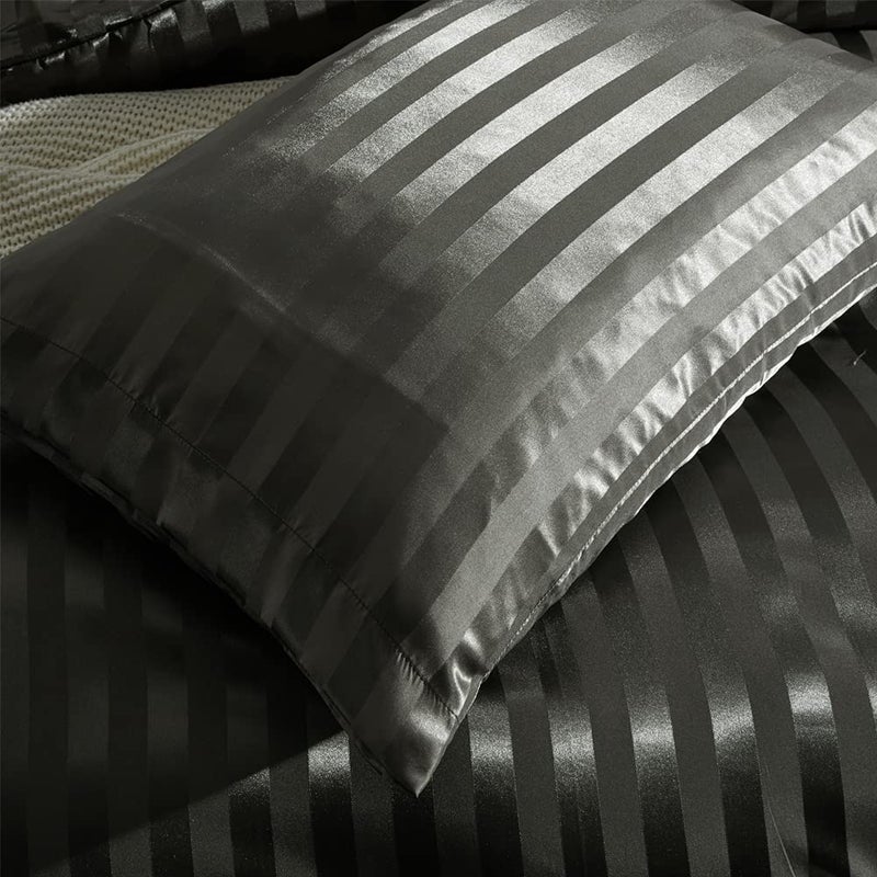RevenRella 3 Piece Satin Duvet Cover Set Bedding Sets Italian Style 1800 Series Luxury Rich Silk Silky Super Soft Stripes Hidden Zipper Closure Reversible Wrinkle Free Honeymoon(Grey, King) - Image 3