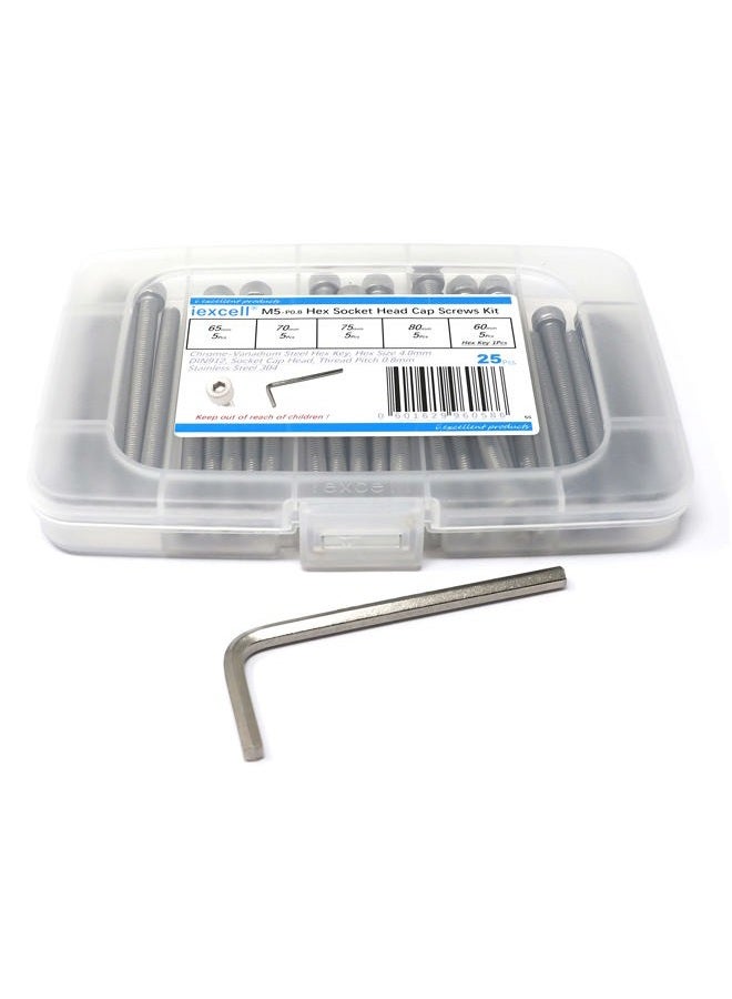 iExcell 25 Pcs M5 x 60mm/65mm/70mm/75mm 80mm Stainless Steel 304 Hex Socket Head Cap Screws Bolts Assortment Kit - Image 1