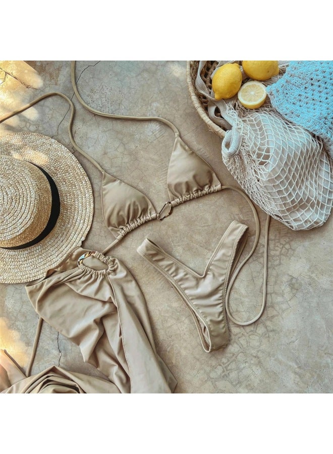 Generic BikiniStyle Drawstring Strap Bikini Three-piece Swimsuit Women's Split High-cut Triangle Swimsuit-Color:White Bikini Three-piece Swimsuit-Size:S  - Image 2
