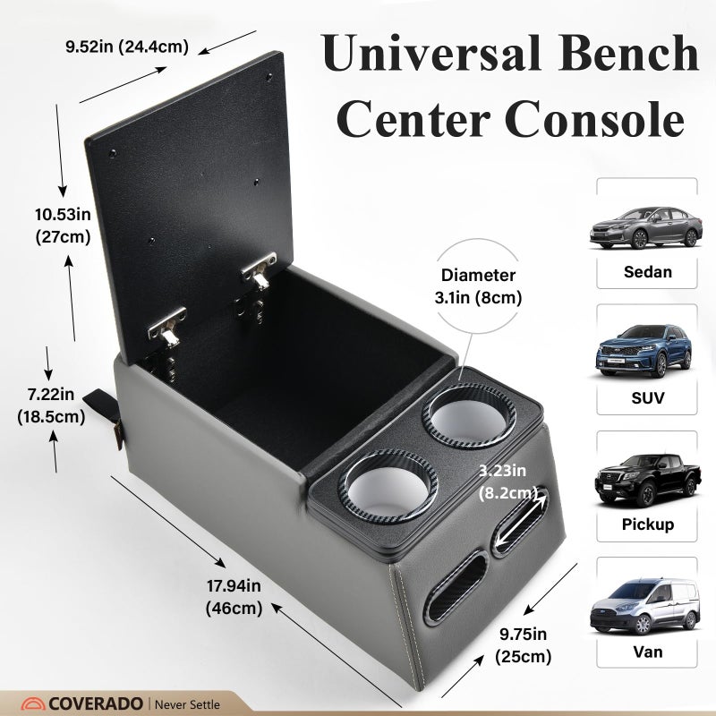 Coverado Car Center Console, Universal Bench Seat Center Consoles, Center Console for Van, Back Seat Storage Box, Rear Seat Car Console Organizer with Cup Holder, Central Armrest Box (Regular, Gray) - Image 4