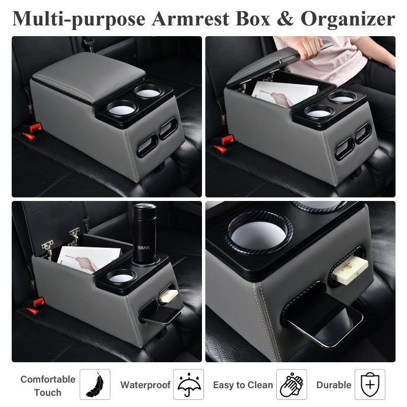 Coverado Car Center Console, Universal Bench Seat Center Consoles, Center Console for Van, Back Seat Storage Box, Rear Seat Car Console Organizer with Cup Holder, Central Armrest Box (Regular, Gray) - Image 5