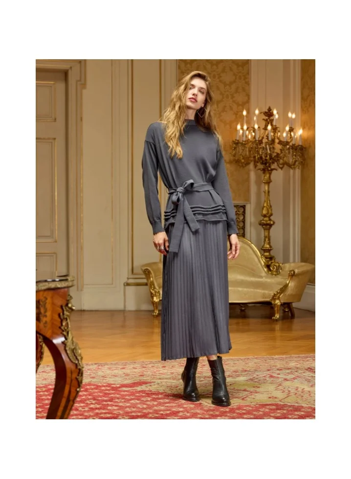 MissWhence Knit Blouse and Pleated Skirt Dress - Grey