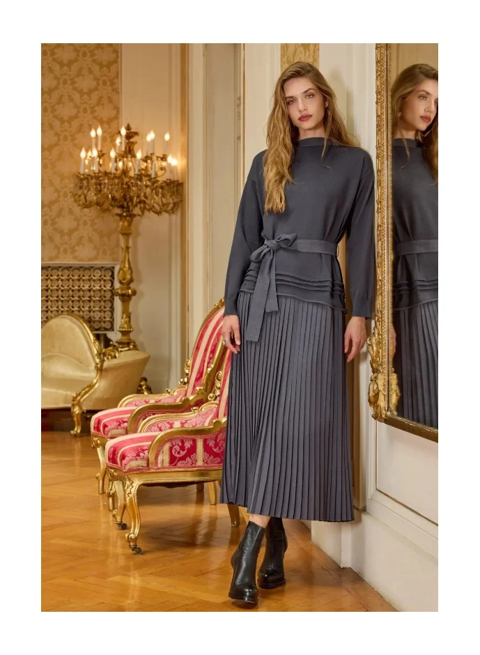 MissWhence Knit Blouse and Pleated Skirt Dress - Grey