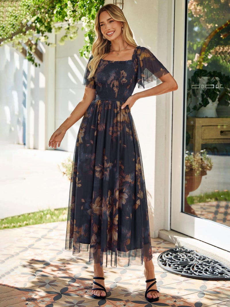 Simplee Womens Floral Maxi Dresses 2026 Summer Mesh Square Neck Flutter Short Sleeve Smocked Mesh Flowy Tea Party Dress - Image 2