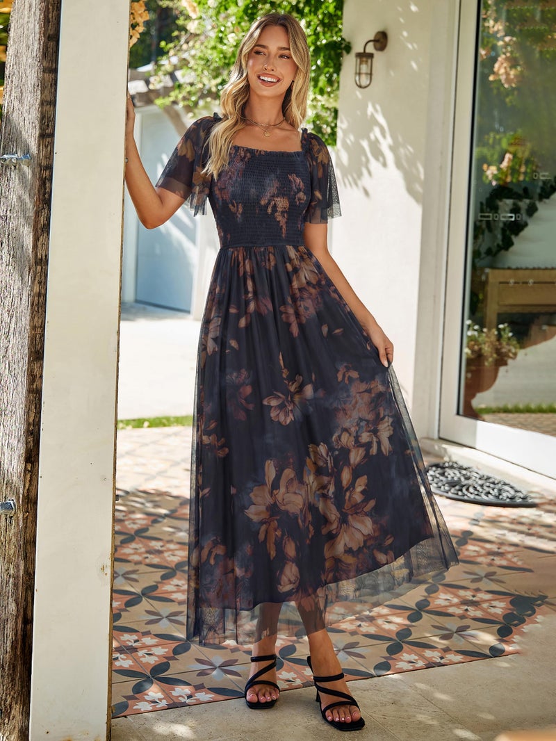 Simplee Womens Floral Maxi Dresses 2026 Summer Mesh Square Neck Flutter Short Sleeve Smocked Mesh Flowy Tea Party Dress - Image 4
