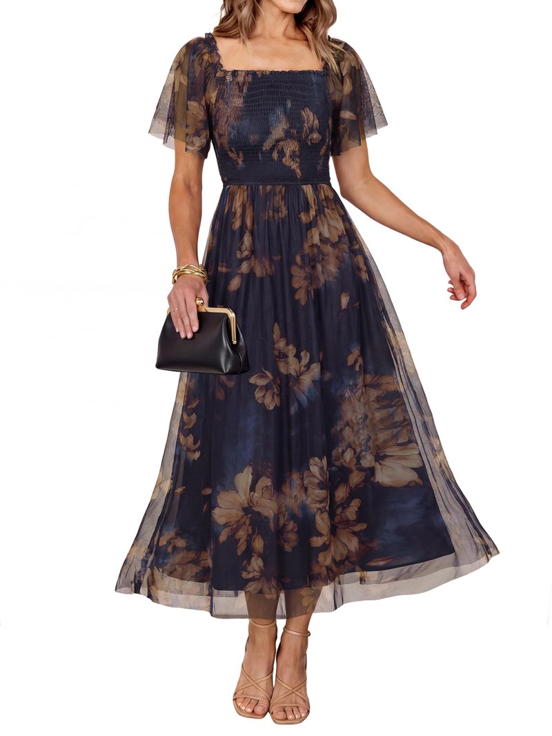 Simplee Womens Floral Maxi Dresses 2026 Summer Mesh Square Neck Flutter Short Sleeve Smocked Mesh Flowy Tea Party Dress - Image 1