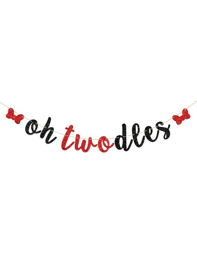 INNORU Oh Twodles Banner, Happy 2nd Birthday Party Hanging Decor for Boys Girls - Cartoon Mouse Theme 2nd Birthday Party Decorations Supplies Banner, Red & Black Glitter - Image 1