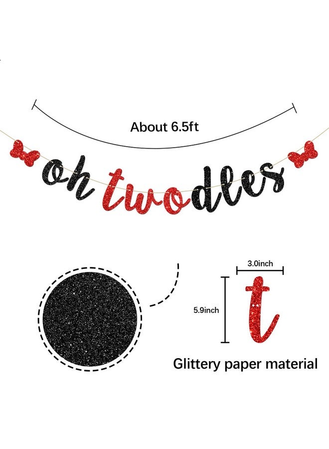 INNORU Oh Twodles Banner, Happy 2nd Birthday Party Hanging Decor for Boys Girls - Cartoon Mouse Theme 2nd Birthday Party Decorations Supplies Banner, Red & Black Glitter - Image 2