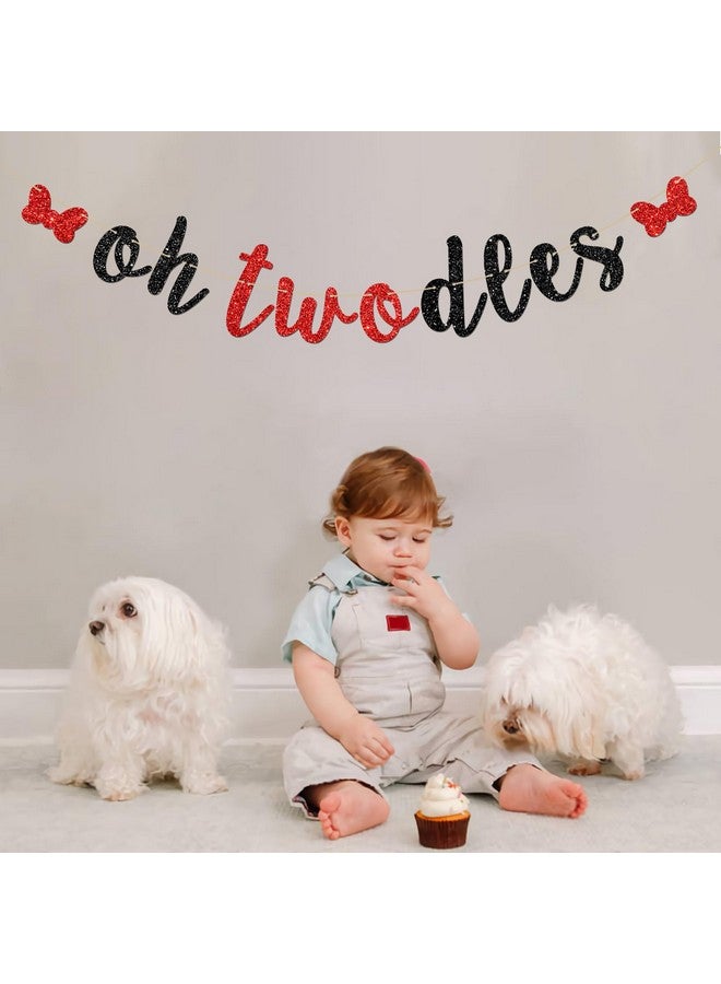 INNORU Oh Twodles Banner, Happy 2nd Birthday Party Hanging Decor for Boys Girls - Cartoon Mouse Theme 2nd Birthday Party Decorations Supplies Banner, Red & Black Glitter - Image 5