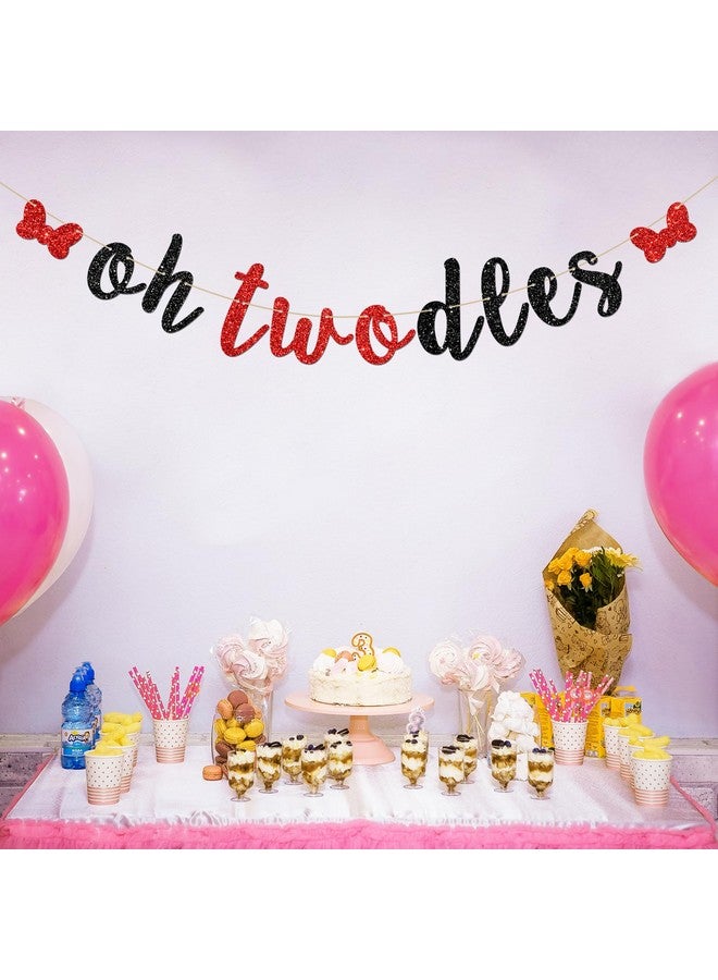 INNORU Oh Twodles Banner, Happy 2nd Birthday Party Hanging Decor for Boys Girls - Cartoon Mouse Theme 2nd Birthday Party Decorations Supplies Banner, Red & Black Glitter - Image 3