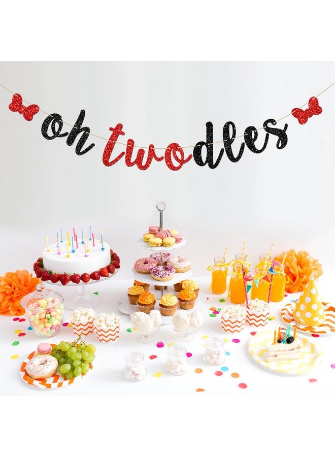 INNORU Oh Twodles Banner, Happy 2nd Birthday Party Hanging Decor for Boys Girls - Cartoon Mouse Theme 2nd Birthday Party Decorations Supplies Banner, Red & Black Glitter - Image 4