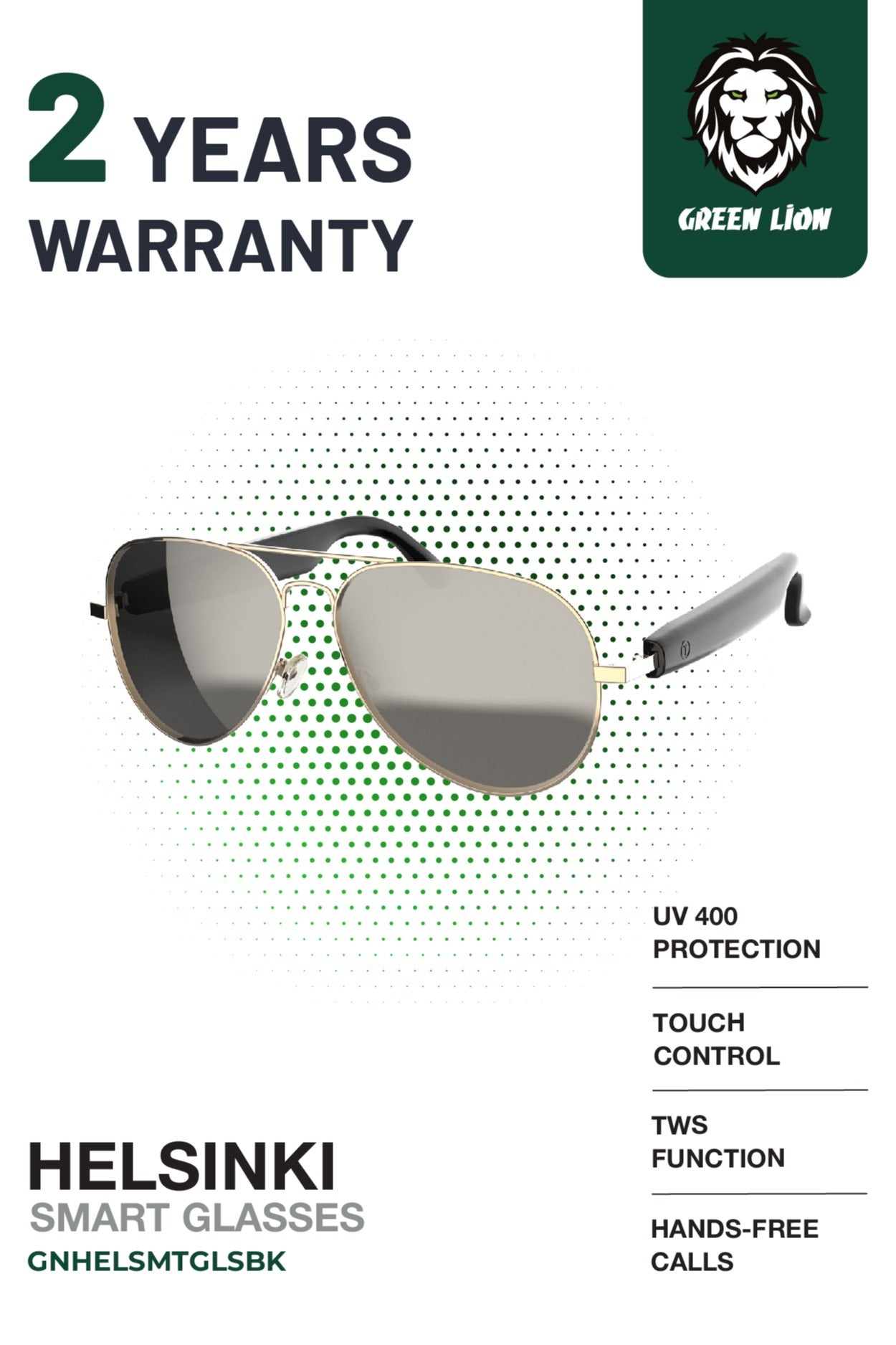 GREEN LION Smart Glasses Helsinki GL-SG7 / Play & Pause / Answer & Reject Calls / Polarized Anti-Blue Lens / Built-in Microphone / UV400 Protection / Voice Assistant / Remote Camera / Touch Control / TWS Function - Black