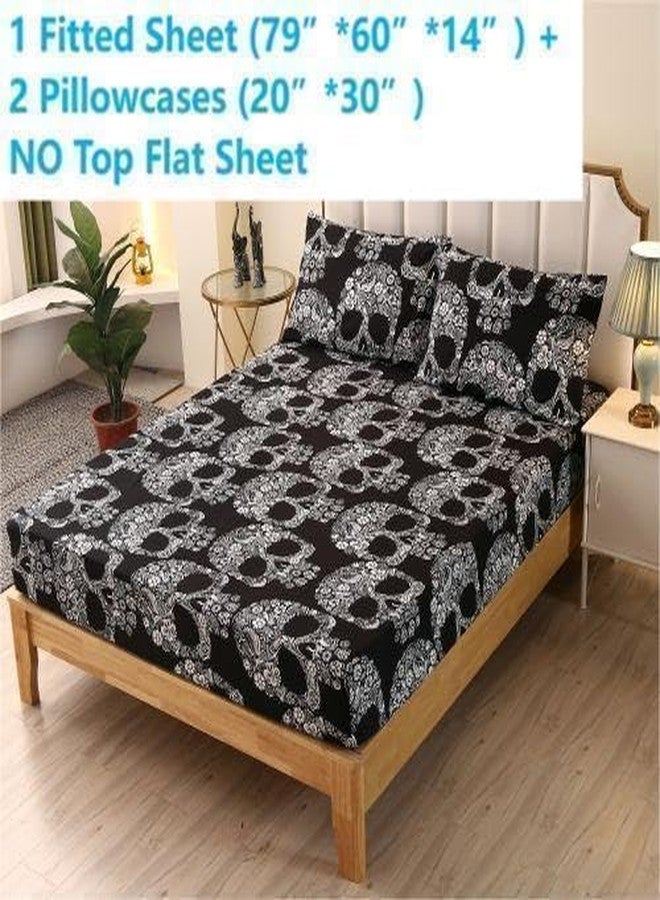 SDIII Gothic Skull Queen Fitted Sheet with 2 Pillowcases, Not Including Flat Sheet, Soft Microfiber Deep Pocket Halloween Goth Bedroom Decor Queen - Image 2