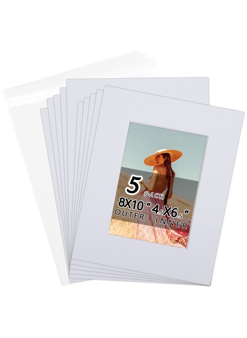 Falling In art AcidFree 5 Pack 8x10 PreCut Mat Board Show Kit for 5x7 Photos Prints or Artworks 5 Core Bevel Cut Matts and 5 Backing Boards and 5 Crystal Plastic Bags White 