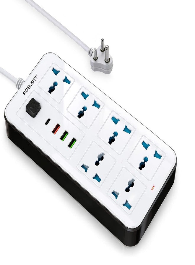 روبوست لوحة تمديد كهربائية متينة بستة منافذ مع 3 منافذ USB ومنفذ شحن سريع من النوع C | كابل بطول 1.7 متر | لوحة تمديد قابلة للتثبيت على الحائط | سلك تمديد متعدد المقابس بقدرة 2500 واط للمنزل والمكتب (عبوة من قطعة واحدة) - Image 1