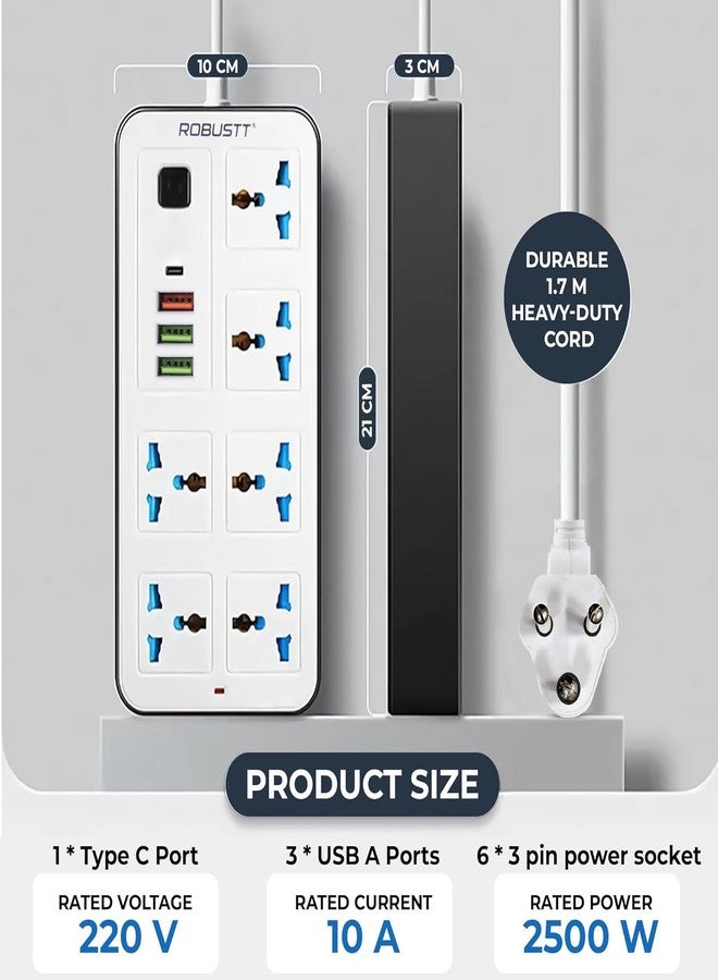 روبوست لوحة تمديد كهربائية متينة بستة منافذ مع 3 منافذ USB ومنفذ شحن سريع من النوع C | كابل بطول 1.7 متر | لوحة تمديد قابلة للتثبيت على الحائط | سلك تمديد متعدد المقابس بقدرة 2500 واط للمنزل والمكتب (عبوة من قطعة واحدة) - Image 5