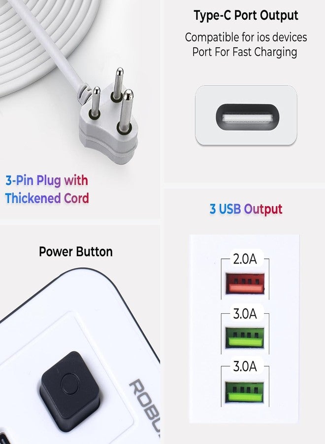 روبوست لوحة تمديد كهربائية متينة بستة منافذ مع 3 منافذ USB ومنفذ شحن سريع من النوع C | كابل بطول 1.7 متر | لوحة تمديد قابلة للتثبيت على الحائط | سلك تمديد متعدد المقابس بقدرة 2500 واط للمنزل والمكتب (عبوة من قطعة واحدة) - Image 2