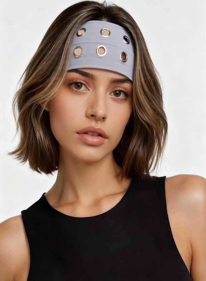 سي اتش ال اي انس اس مجموعة تشلينز من 3 قطع من عصابات الرأس العريضة بنمط البانك، مزينة بفتحات معدنية مجوفة، مناسبة للنساء، مصنوعة من المعدن المطاطي، مثالية للرياضة والاستخدام اليومي، مستوحاة من موضة الألفية الجديدة. - Image 4