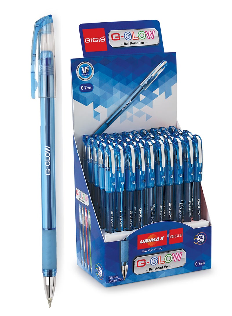 Gigis Unimax Glow Nickel Silver Tip Ballpoint Pen 50-Pieces, 0.7 mm, Blue, Smooth Writing Ball Pen for School Office Home - Image 1