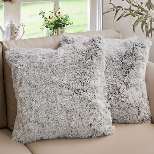 Cheer Collection Throw Pillows for Couch and Bed Soft Shaggy Throw Pillows with Inserts Included Cozy Long Hair Faux Fur Pillows  Set of 218 x 18  Gray