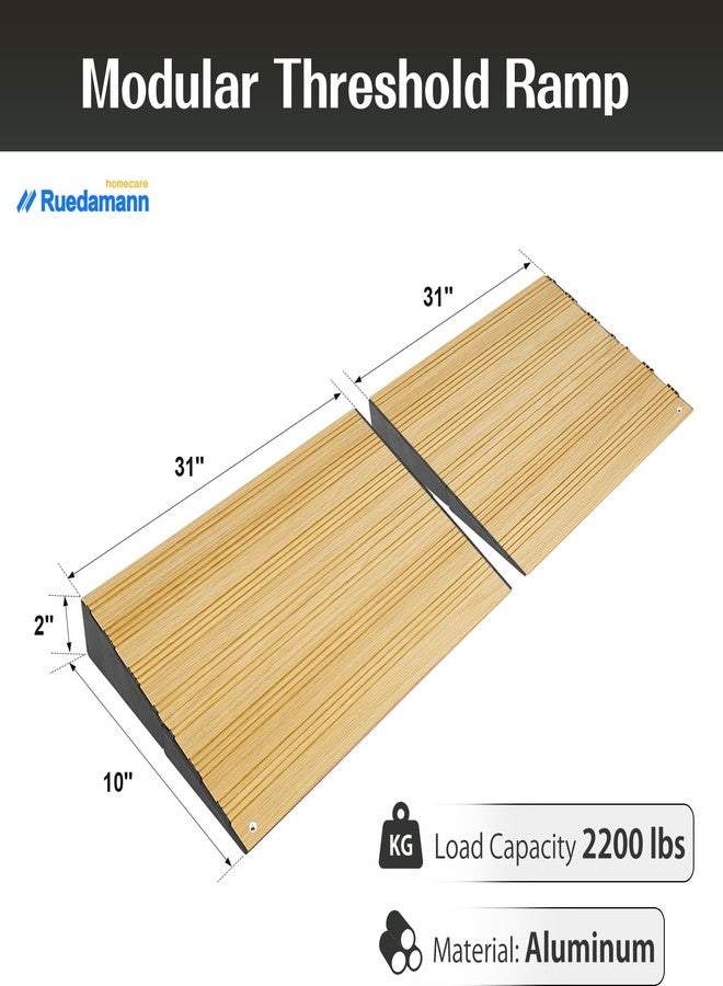 Ruedamann 2" Rise Modular Threshold Ramp for Doorways, 2200 LBS Capacity Aluminum Durable Wheelchair Ramp for Home Steps, 2 Pcs Door Ramp for Wheelchairs, Walkers, Scooters, Cars, Light Wood Grain - Image 2
