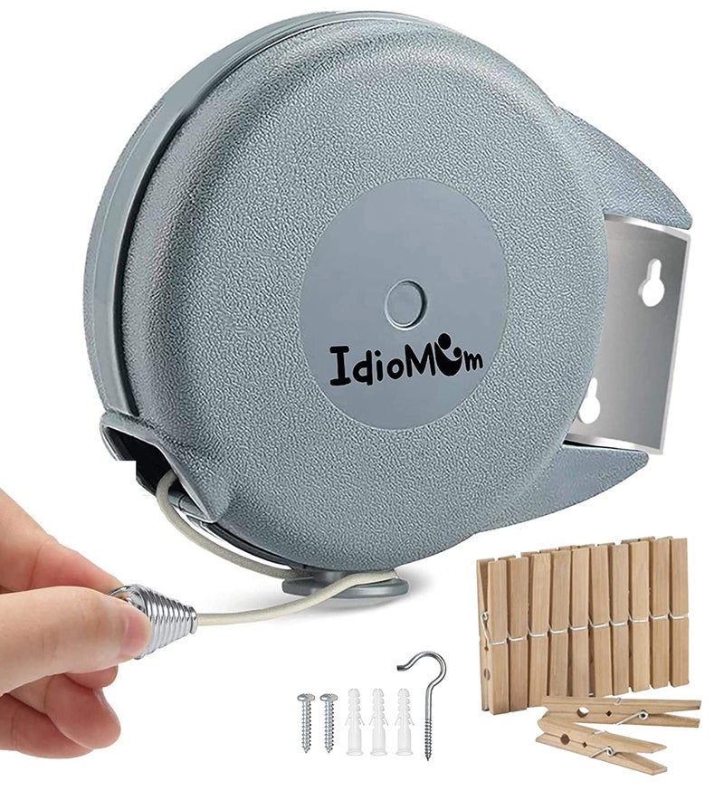 Idiomum Retractable Clothesline Indoor Outdoor Heavy Duty 40 Feet  PVC Clothes Line Retracting  Clothesline with Wall Mount  Retractable Laundry Line for Drying Clothes with 12 ClothesPins