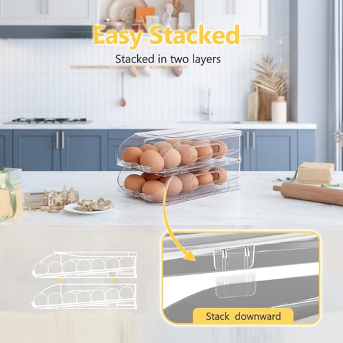 SMRCAD Egg Holder for Fridge, Automatic Steady Rolling Egg Container with Soft Bumpers & Handle for Refrigerator, Stackable Fridge Organizers and Storage with Lid - Image 5