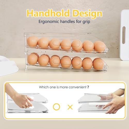 SMRCAD Egg Holder for Fridge, Automatic Steady Rolling Egg Container with Soft Bumpers & Handle for Refrigerator, Stackable Fridge Organizers and Storage with Lid - Image 4