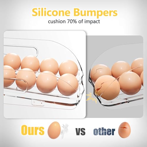 SMRCAD Egg Holder for Fridge, Automatic Steady Rolling Egg Container with Soft Bumpers & Handle for Refrigerator, Stackable Fridge Organizers and Storage with Lid - Image 3
