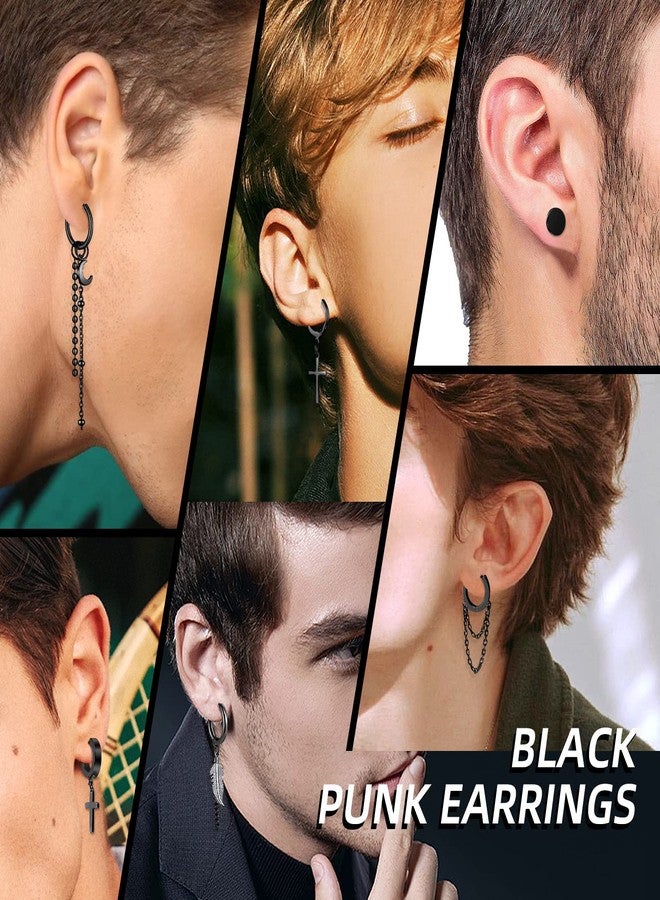 FIFATA 20 Pieces Men Earrings Set - Black Stainless Steel Chain Hoop Earrings Cross Moon and Star Dangle Earrings Piercing Jewelry for Men Women - Image 3