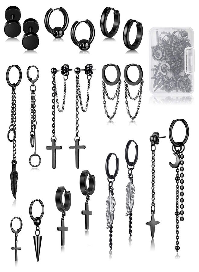 FIFATA 20 Pieces Men Earrings Set - Black Stainless Steel Chain Hoop Earrings Cross Moon and Star Dangle Earrings Piercing Jewelry for Men Women - Image 1