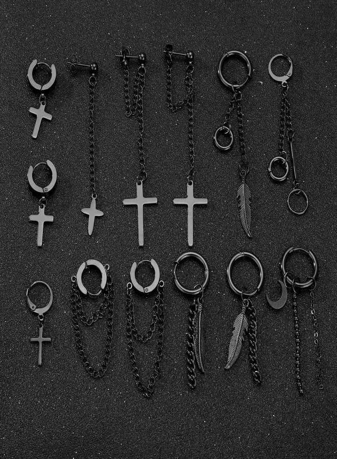 FIFATA 20 Pieces Men Earrings Set - Black Stainless Steel Chain Hoop Earrings Cross Moon and Star Dangle Earrings Piercing Jewelry for Men Women - Image 4