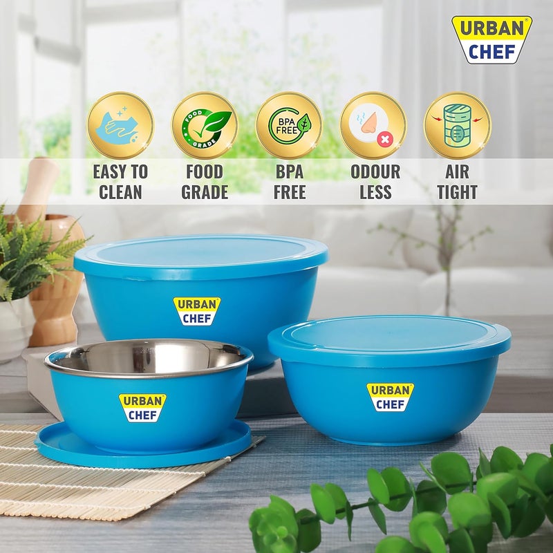URBAN CHEF طقم أوعية خلط من مكون من 3 قطع من الفولاذ المقاوم للصدأ (500 مل، 800 مل، 1250 مل) | آمن للاستخدام في الميكروويف وغسالة الأطباق | طقم أوعية بغطاء مناسب كهدية | أوعية للوجبات الخفيفة | أوعية تقديم إكسسوارات المطبخ - أزرق - Image 3