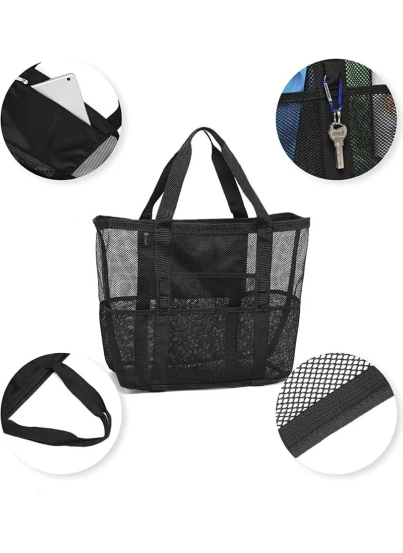 Seburam Mesh Black Beach Bag Women's Beach Bag Large Size Multi-Pocket Sand-Repellent Beach Bag