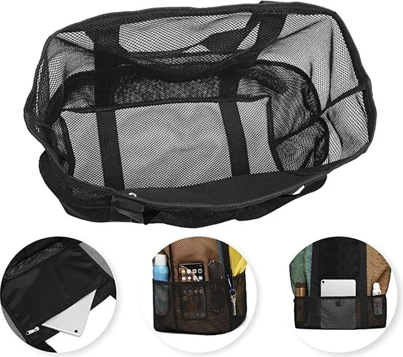 Seburam Mesh Black Beach Bag Women's Beach Bag Large Size Multi-Pocket Sand-Repellent Beach Bag