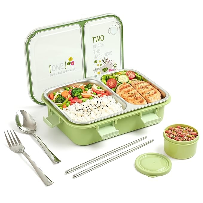 Brand Conquer Lunch Box Leak-Proof BPA Free Stainless Steel for School, Lunch Box for School & Office with a Fork, a Spoon and a Pair of Chopsticks (Classic Green, Happiness Lunch Box 2 Compartment) - Image 1