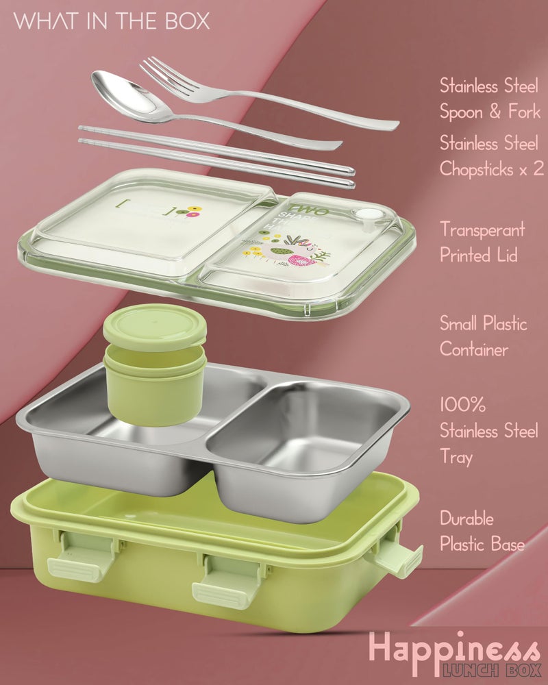 Brand Conquer Lunch Box Leak-Proof BPA Free Stainless Steel for School, Lunch Box for School & Office with a Fork, a Spoon and a Pair of Chopsticks (Classic Green, Happiness Lunch Box 2 Compartment) - Image 3