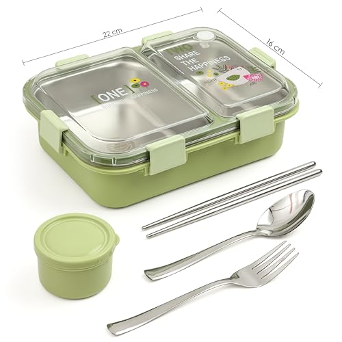 Brand Conquer Lunch Box Leak-Proof BPA Free Stainless Steel for School, Lunch Box for School & Office with a Fork, a Spoon and a Pair of Chopsticks (Classic Green, Happiness Lunch Box 2 Compartment) - Image 4