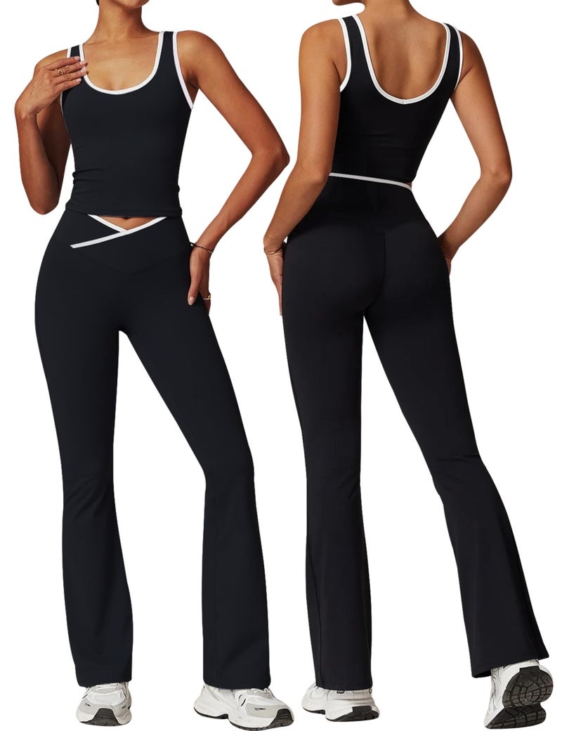 OLCHEE Womens Workout Sets 2 Piece Gym Yoga Outfits Crossover Flare Leggings Crop Tank Top with Contrast Trim - Black Medium - Image 1